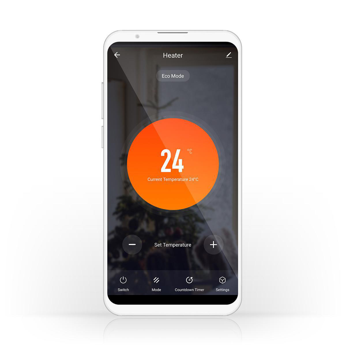 Eine Smartphone-App zeigt 24°C an. Steuerung für Heizung, Modus und Timer.