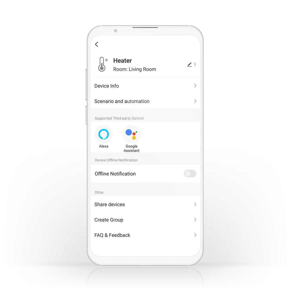 Bildschirm eines Smartphones mit Heizungssteuerung, Optionen für Alexa und Google.