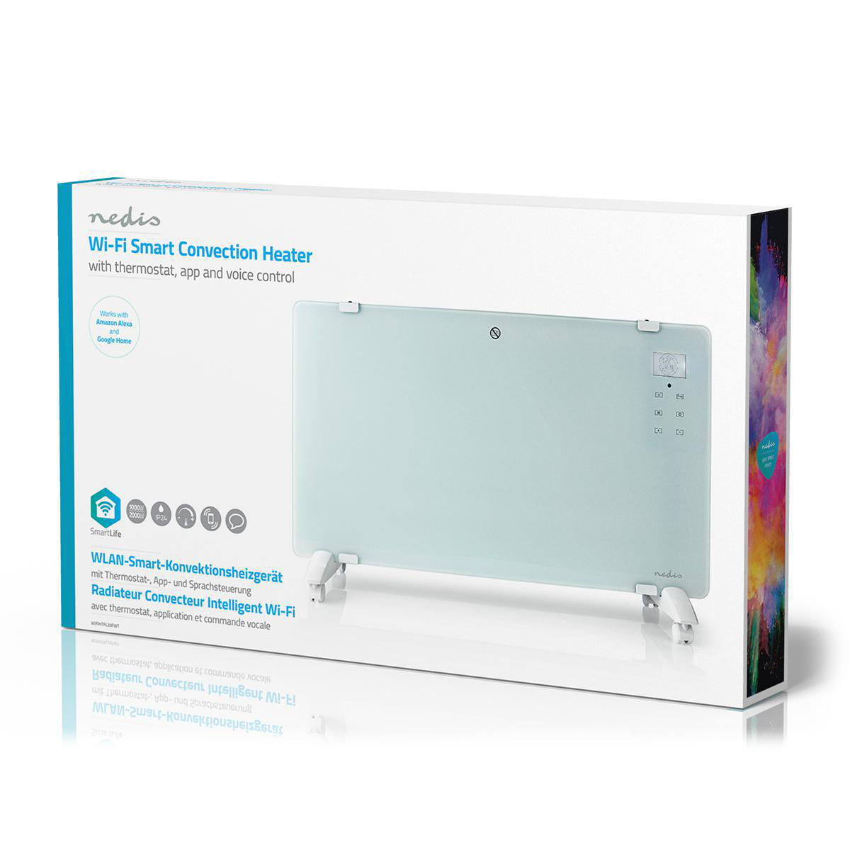 Nedis WLAN-Konvektionsheizgerät mit Thermostat, App und Sprachsteuerung auf Karton.