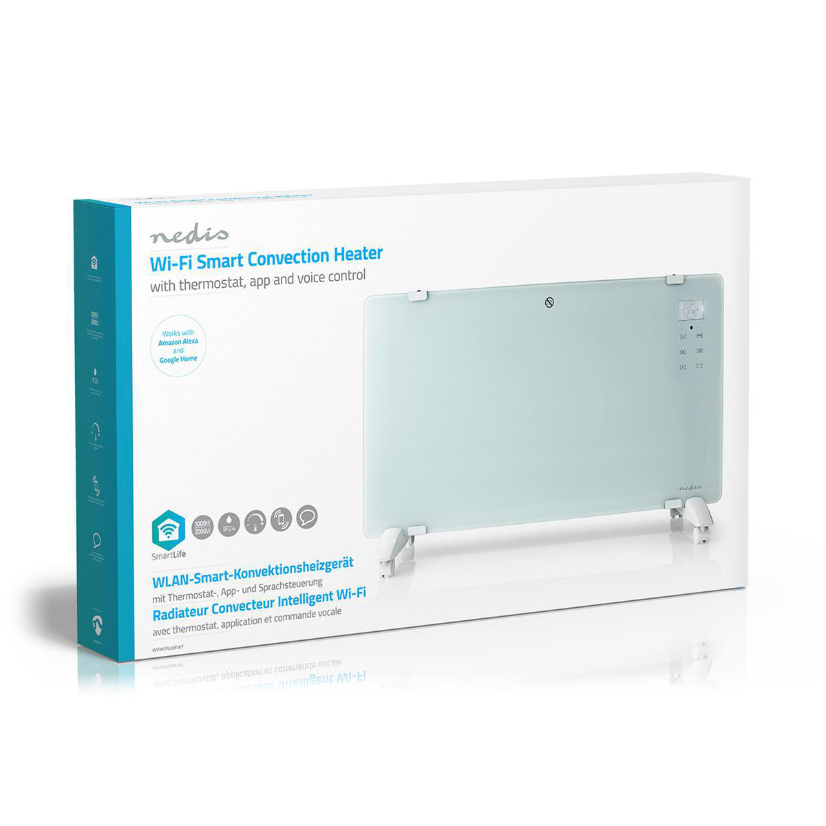 Verpackung eines weißen WLAN-Konvektors mit Glasfront und Füßen.