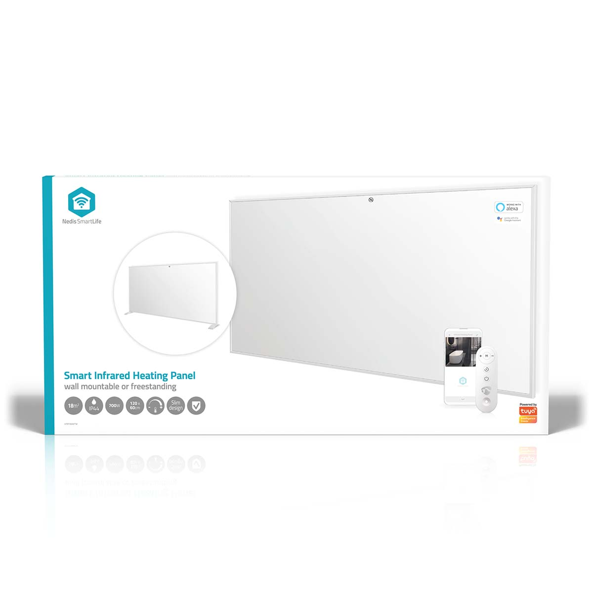 Weiße Smart Infrarotheizung, freistehend oder zur Wandmontage, mit Fernbedienung.