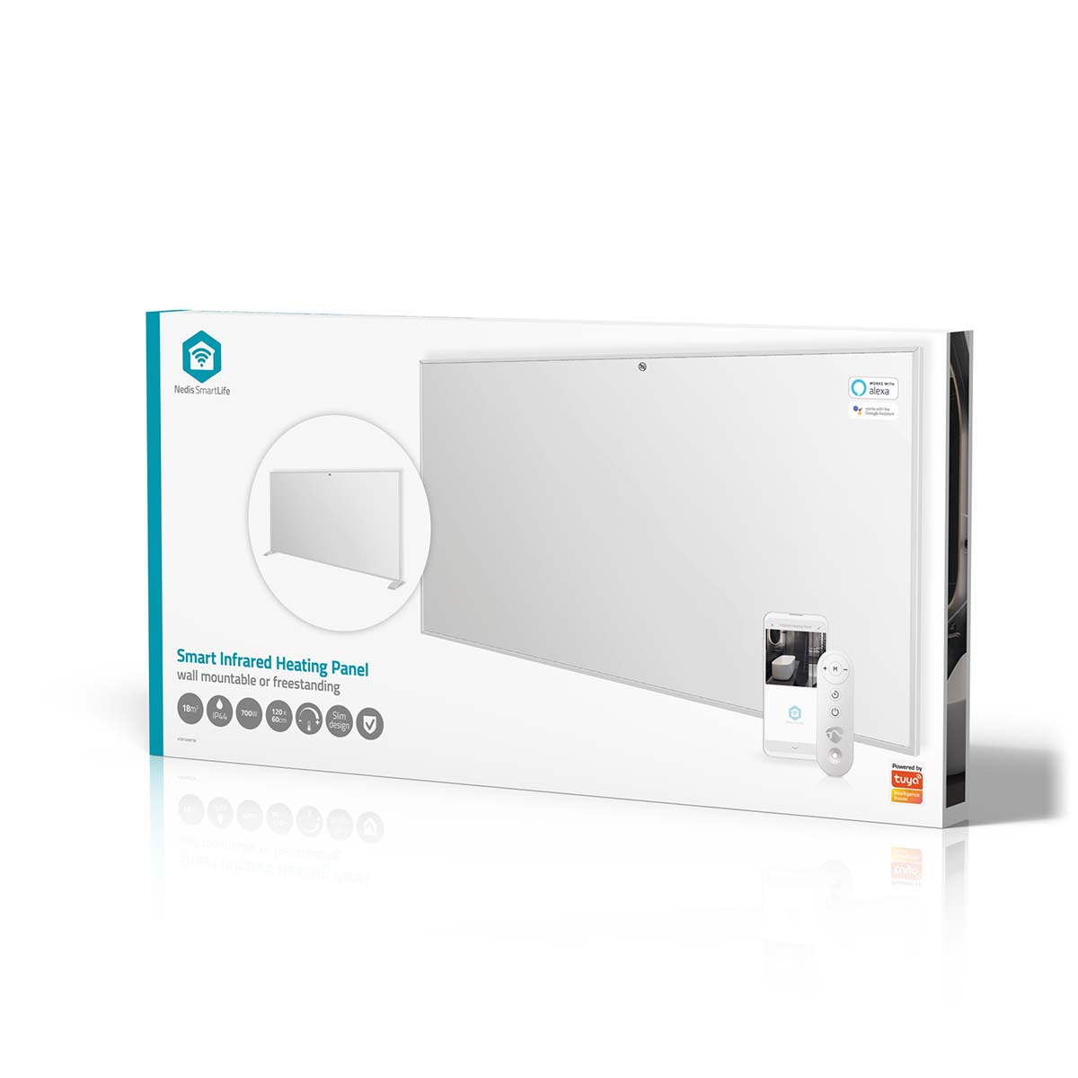 Weiße Infrarotheizung auf Verpackung mit Alexa- und Google-Logo. Wandmontage oder freistehend.