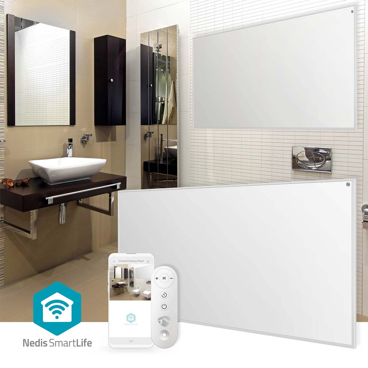 Ein modernes Badezimmer mit Heizpaneelen, Fernbedienung und Smartphone.