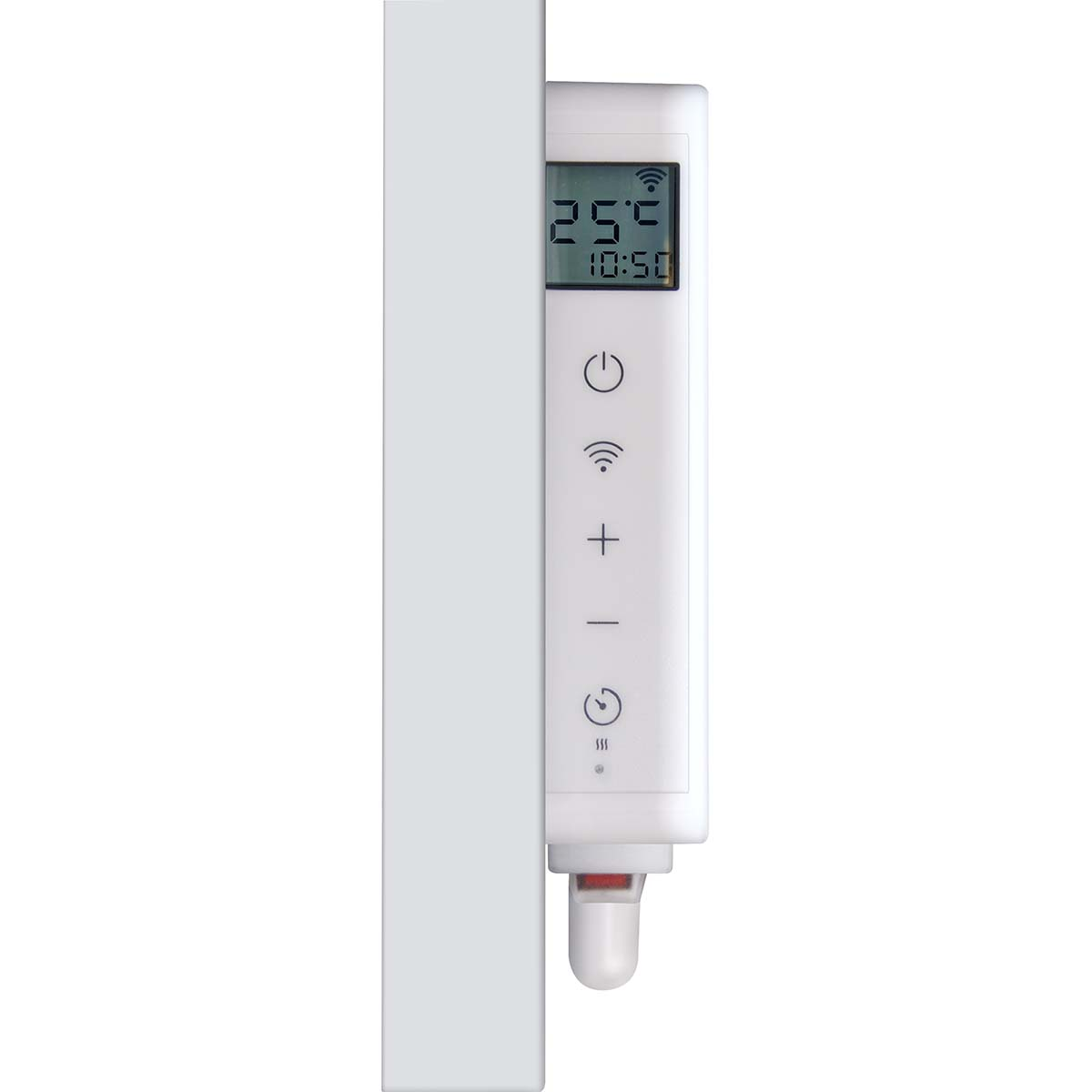 Ein weißes Heizungsventil mit digitaler Anzeige zeigt 25.2 Grad und 10:50 Uhr an.
