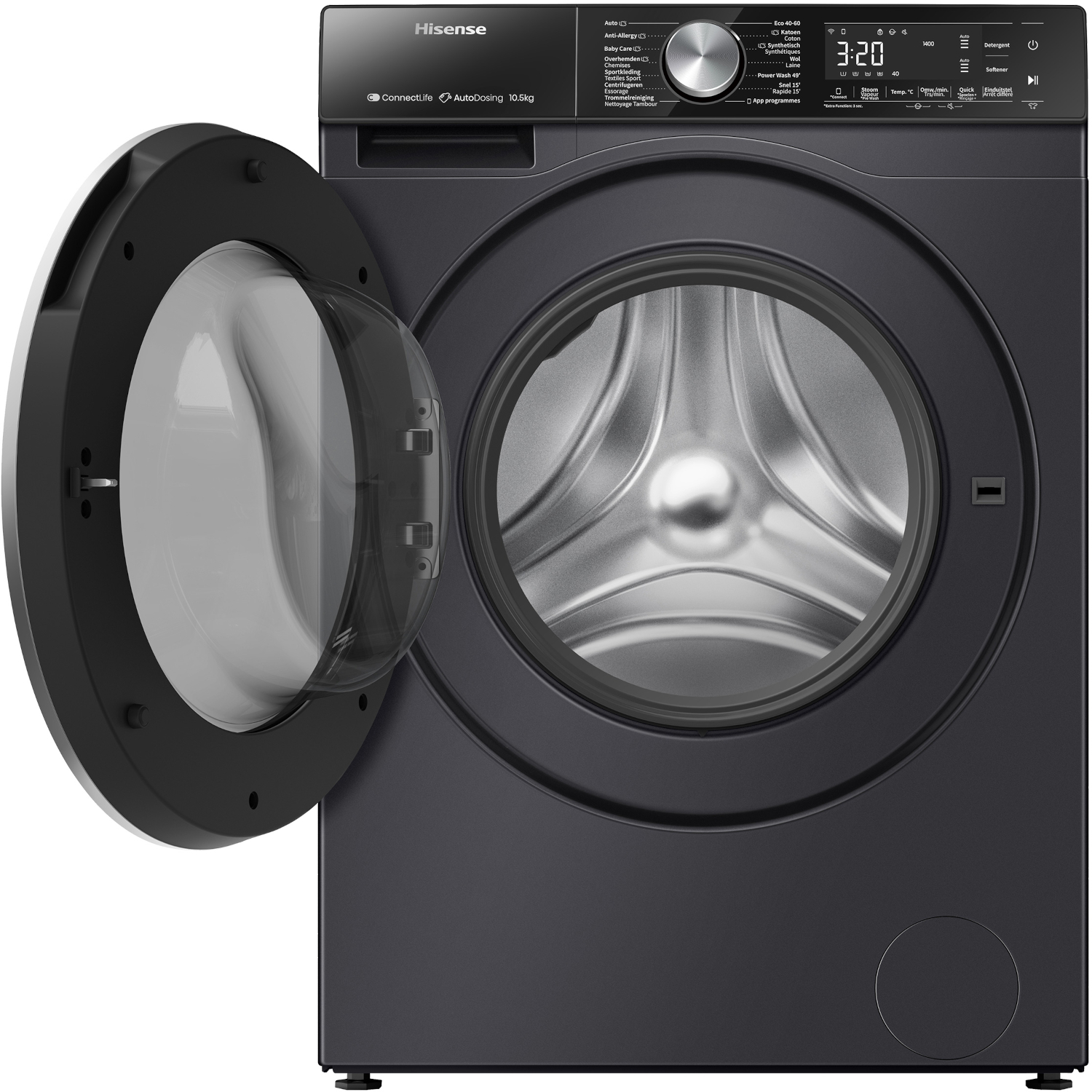A black Hisense washing machine with its door open, showing a digital display.