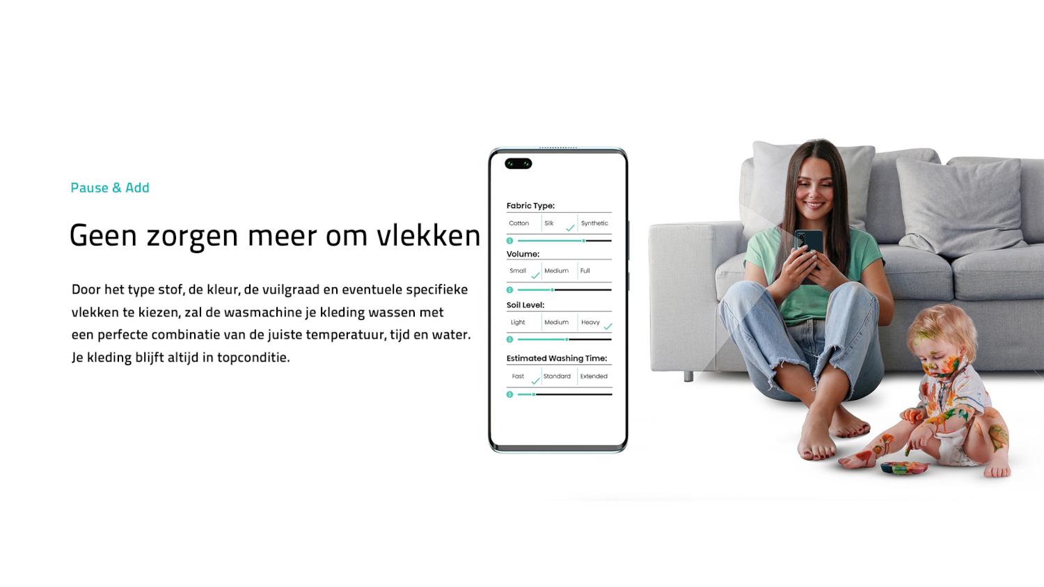 Woman sits on floor with baby in front of sofa, baby is messy, woman looks at phone