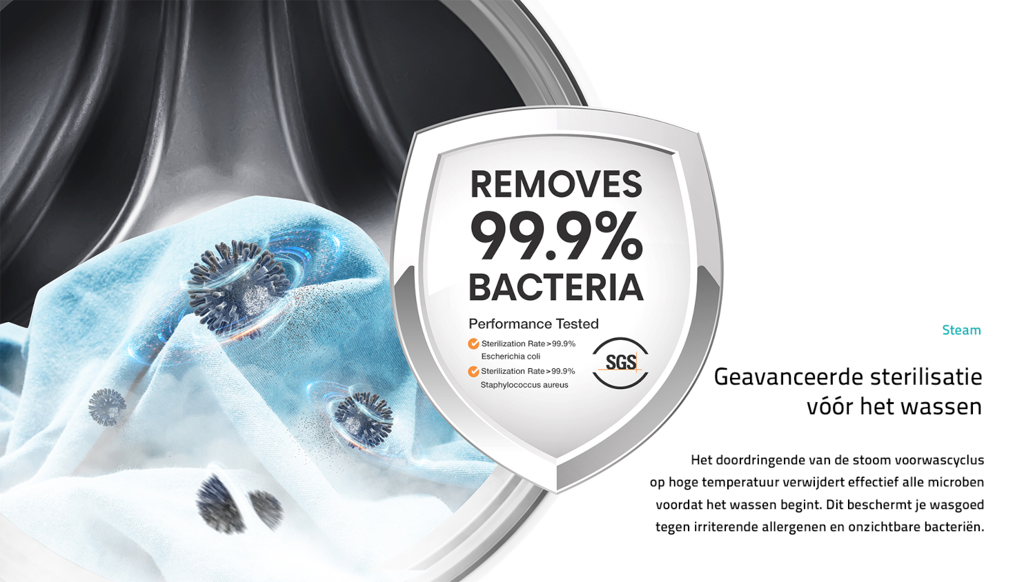 Bacteria on blue fabric are removed by steam. Text in English.