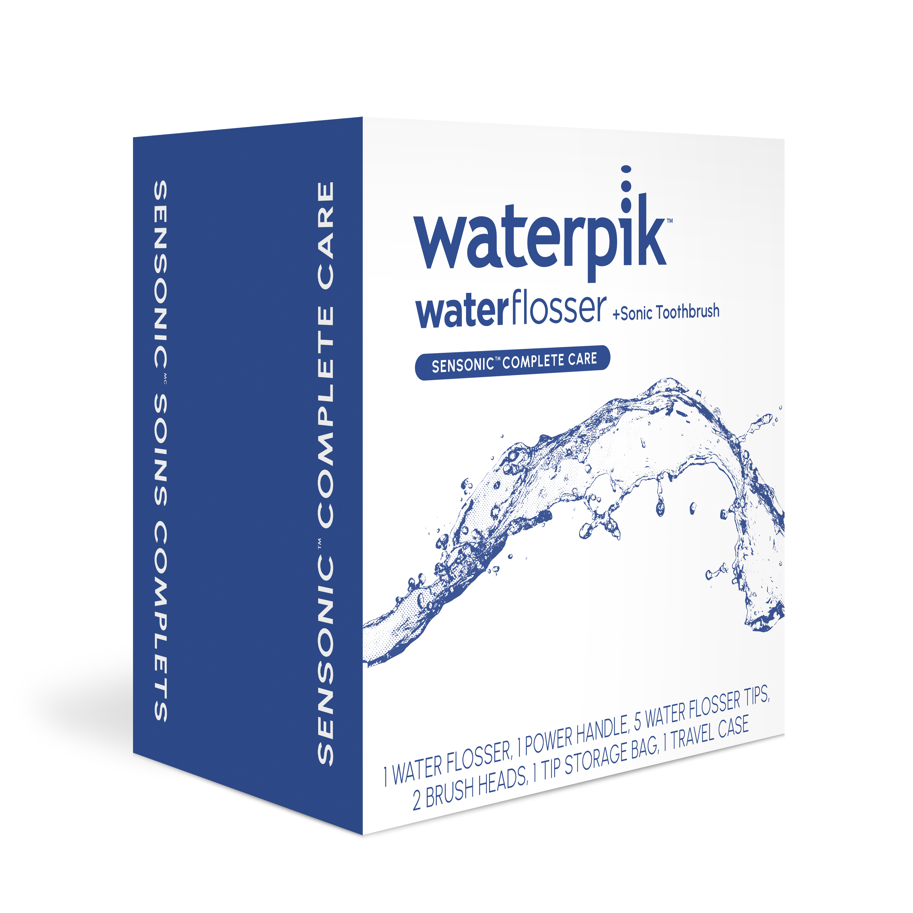 Opakowanie Waterpik Waterflosser + Sonic Toothbrush z rozpryskami wody.