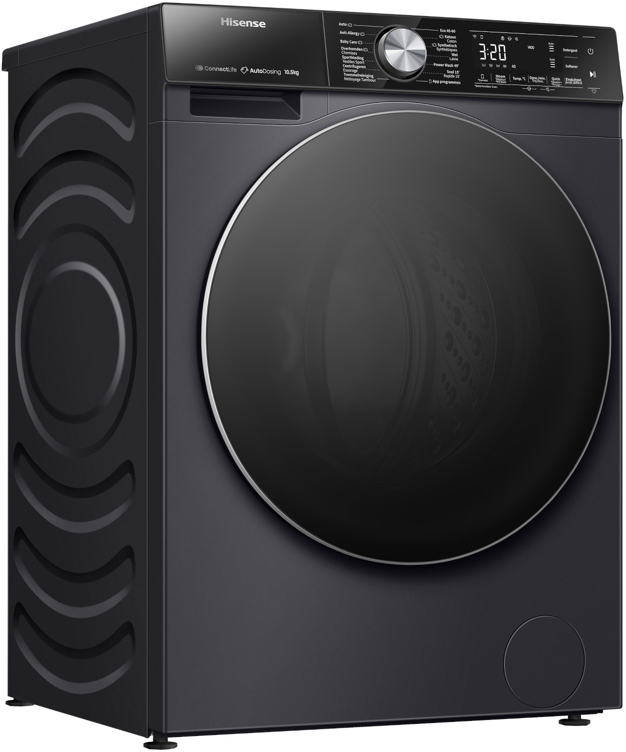 Black Hisense washing machine with large round door and digital display.