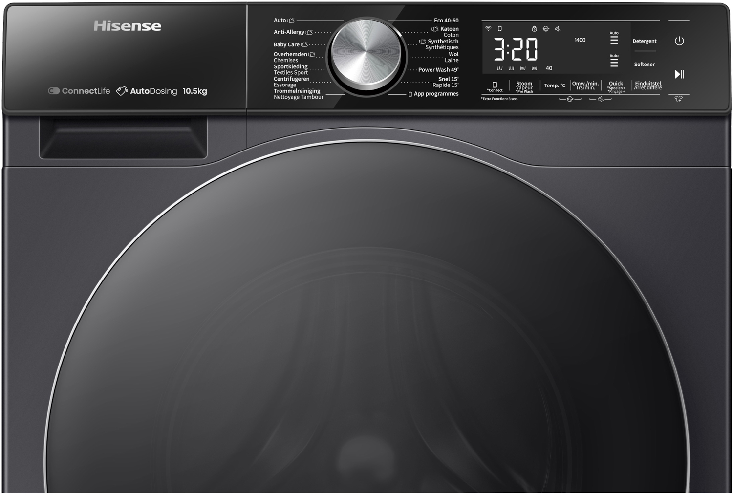 Modern Hisense washing machine with digital display, control dial and program selection.