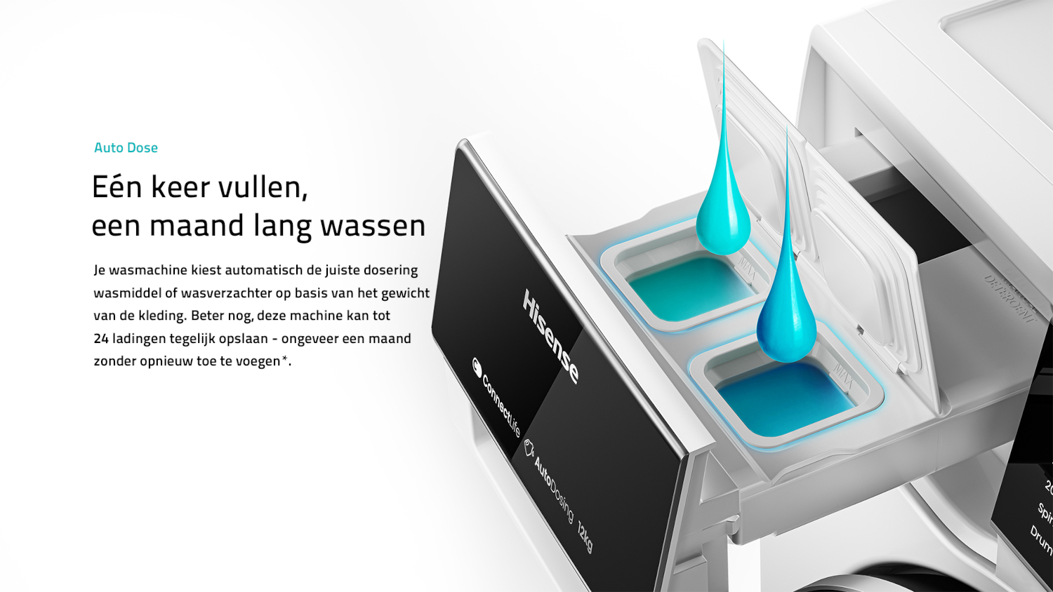 Washing machine with auto-dose feature, showing two compartments with blue liquid.