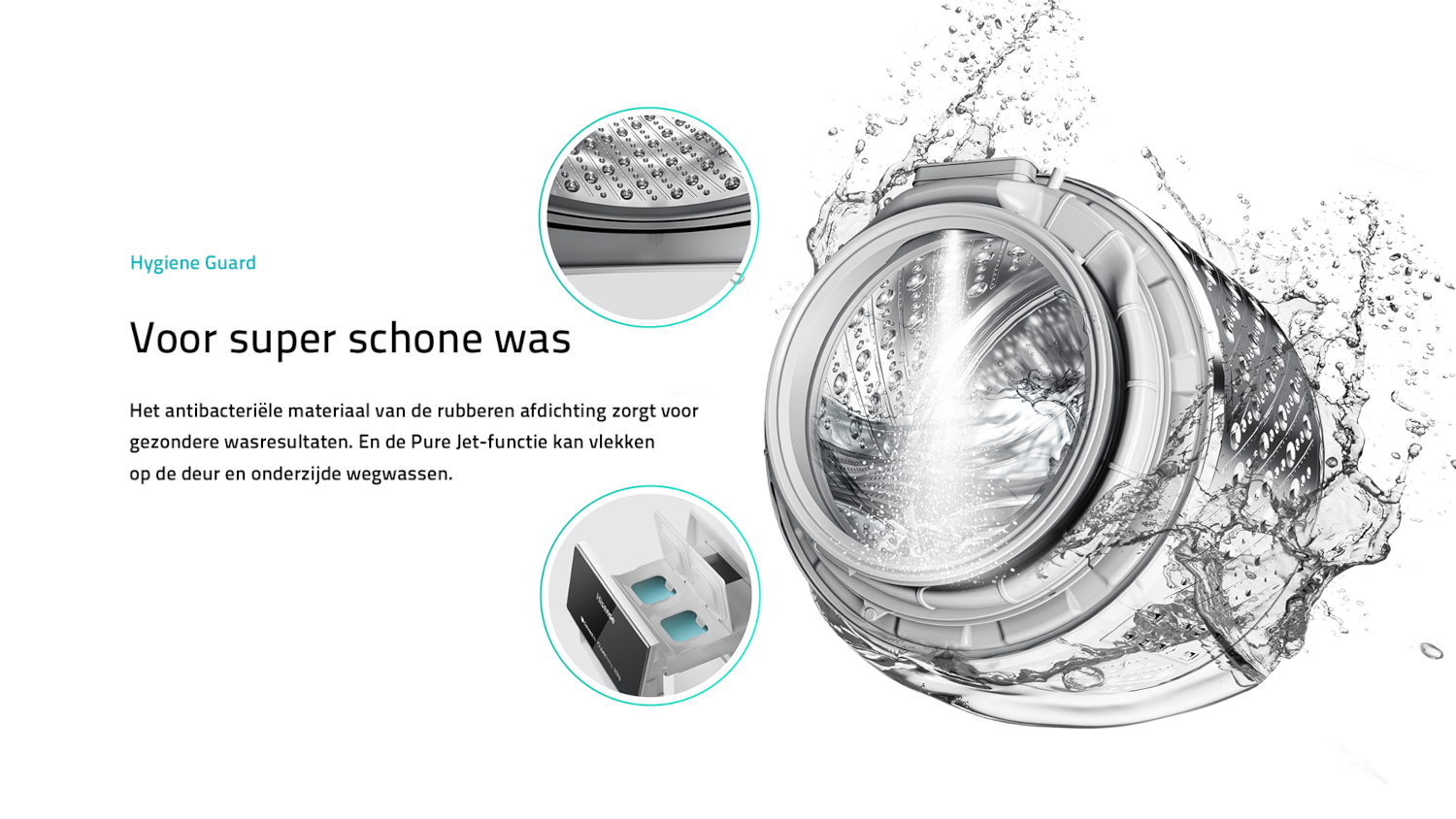 Washing machine with splashing water, close-ups of rubber seal and detergent drawer.