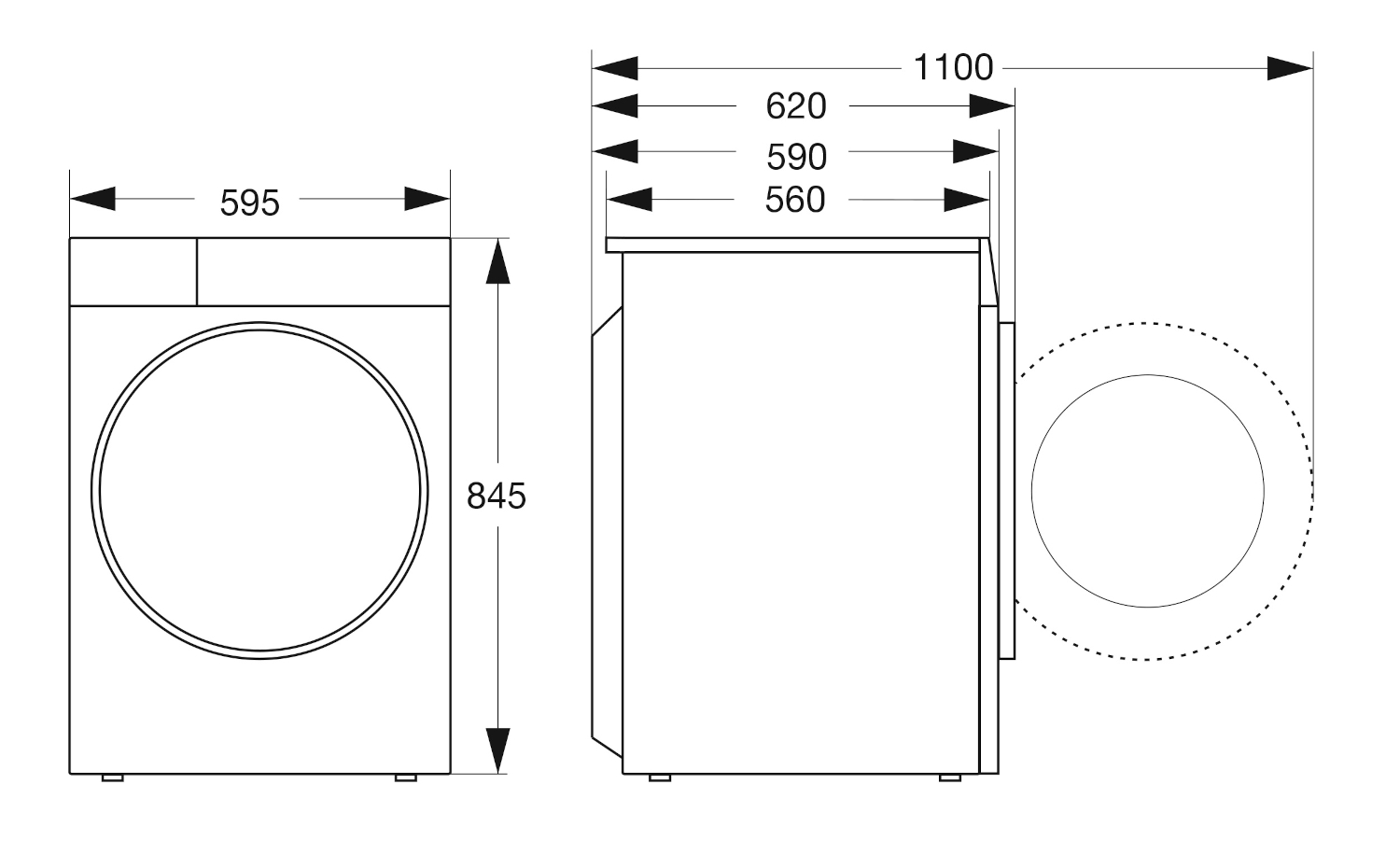Technical drawing of a washing machine with dimensions.