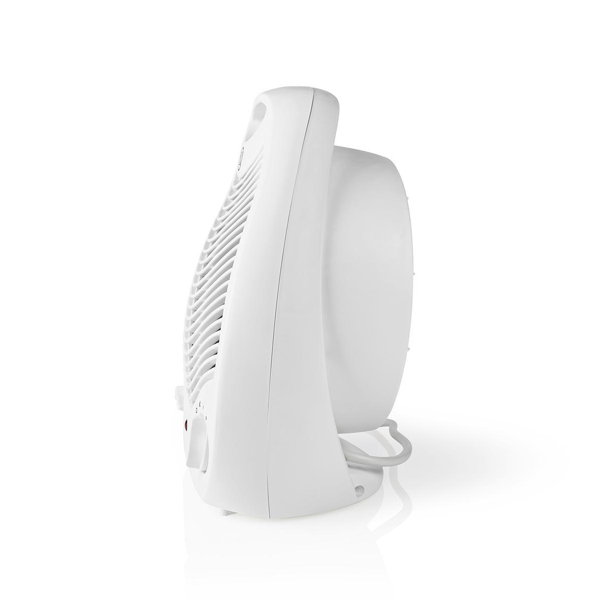 Ein weißer Ventilator im Seitenprofil auf weißem Hintergrund.