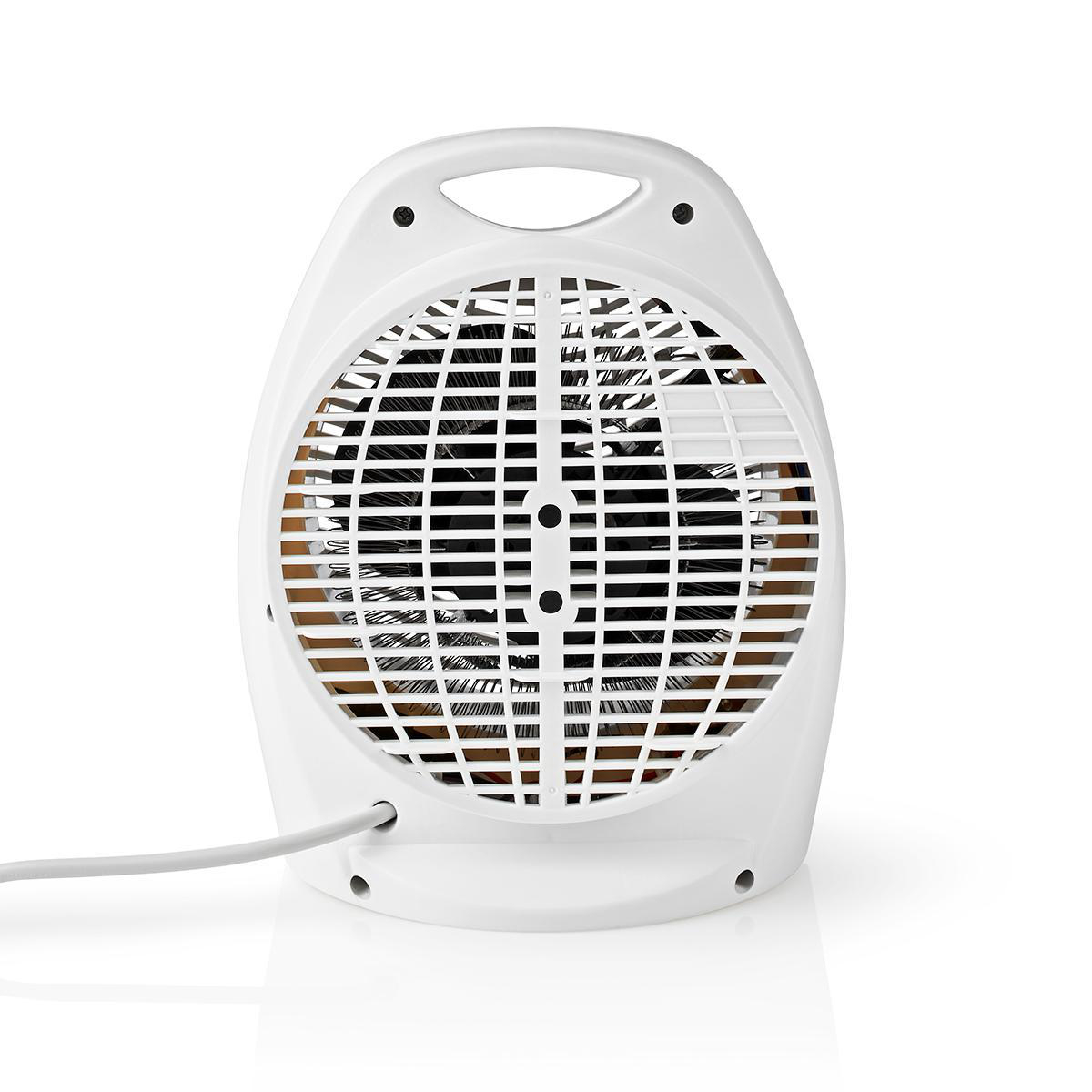 Ein weißer Heizlüfter mit Gitter und Kabel auf weißem Hintergrund.
