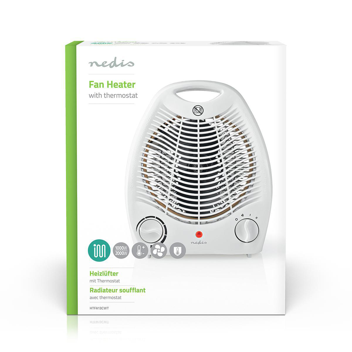 Nedis Heizlüfter-Verpackung mit weißem Heizlüfter und Texten in Englisch, Deutsch und Französisch.