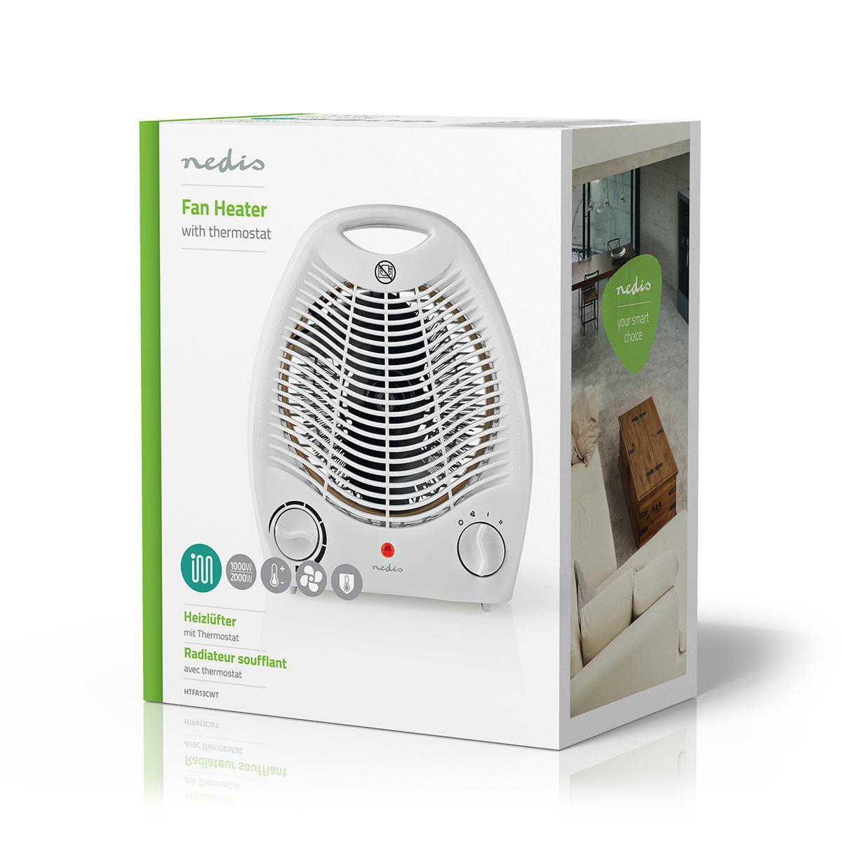 Weißer Nedis Heizlüfter mit Thermostat auf Karton. Merkmale: 1000W/2000W.