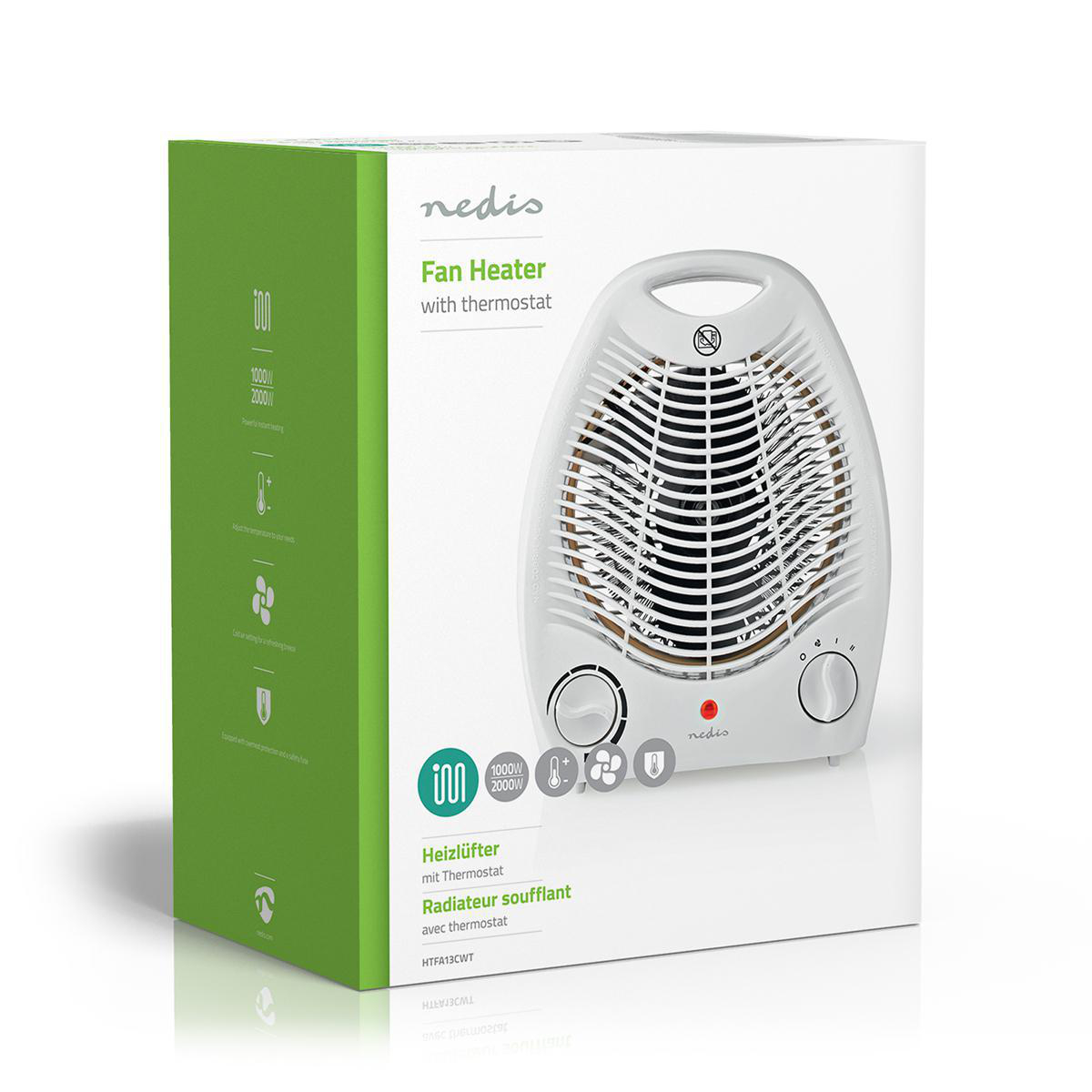Verpackung eines weißen Nedis Heizlüfters mit Thermostat und Leistungsangaben.