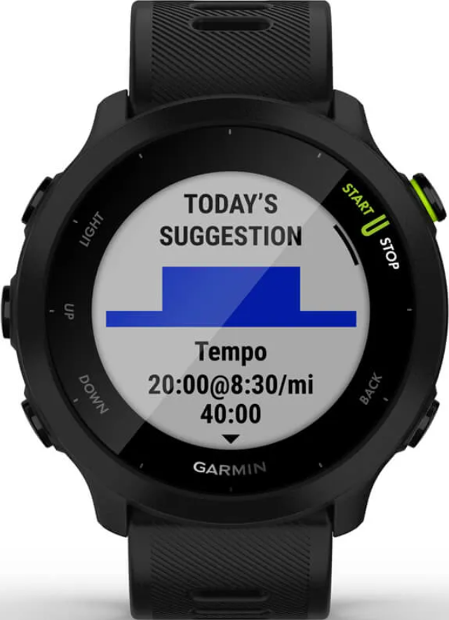 Orologio sportivo nero con "SUGGERIMENTO ODIERNO" e tempo.