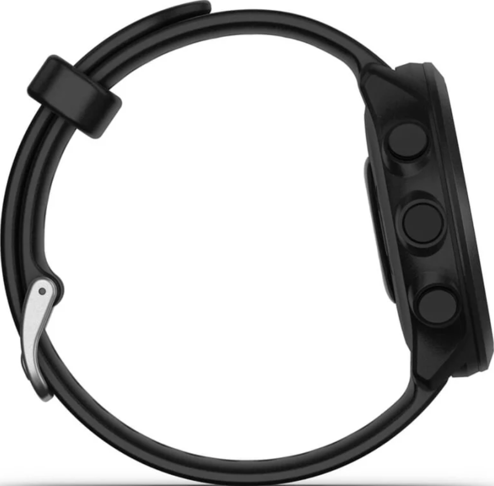 Smartwatch nero con cinturino e pulsanti laterali su sfondo bianco.