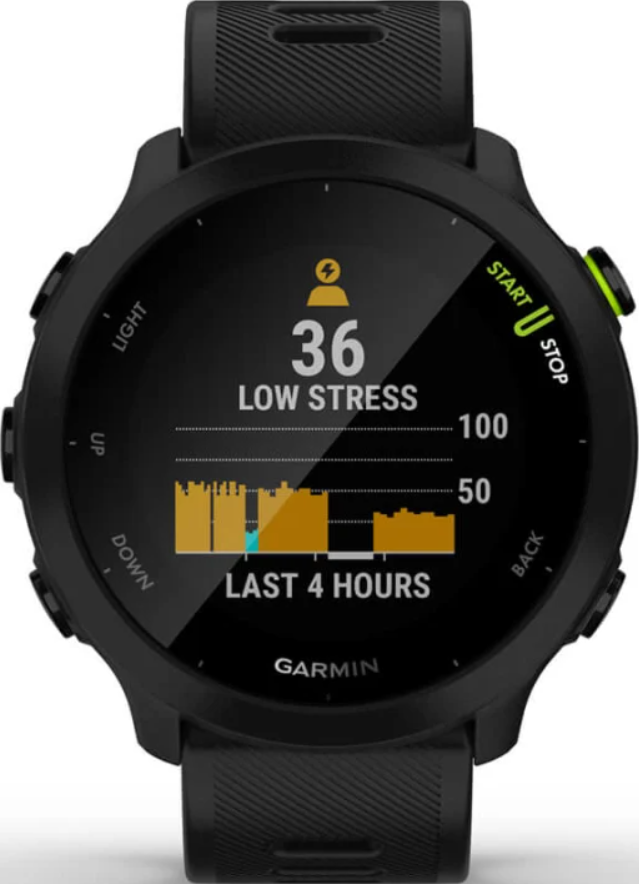 Uno smartwatch nero mostra 36 di basso stress sul suo schermo.