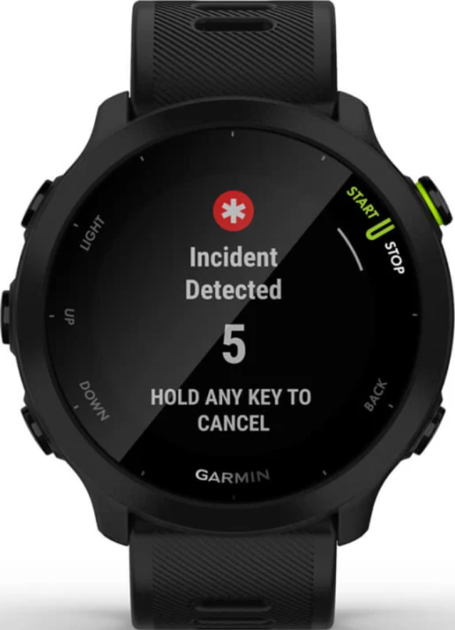 Orologio Garmin nero mostra "Incidente rilevato" con timer di 5 secondi.