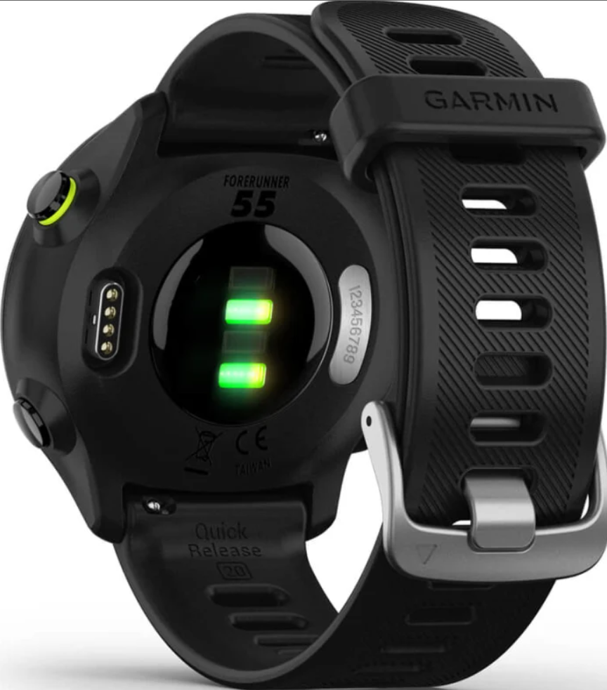 Orologio Garmin Forerunner 55 nero con sensore battito cardiaco e cinturino rapido.