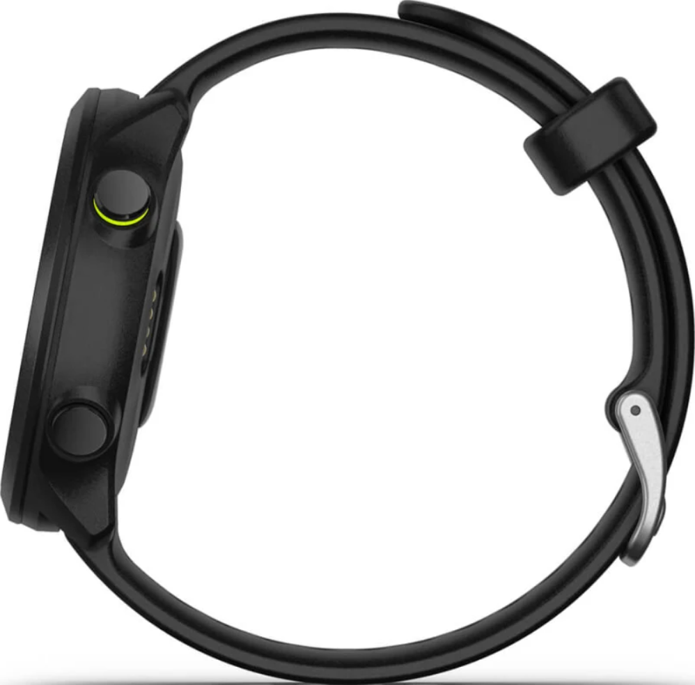 Smartwatch nero con cinturino nero e chiusura a fibbia argentata.
