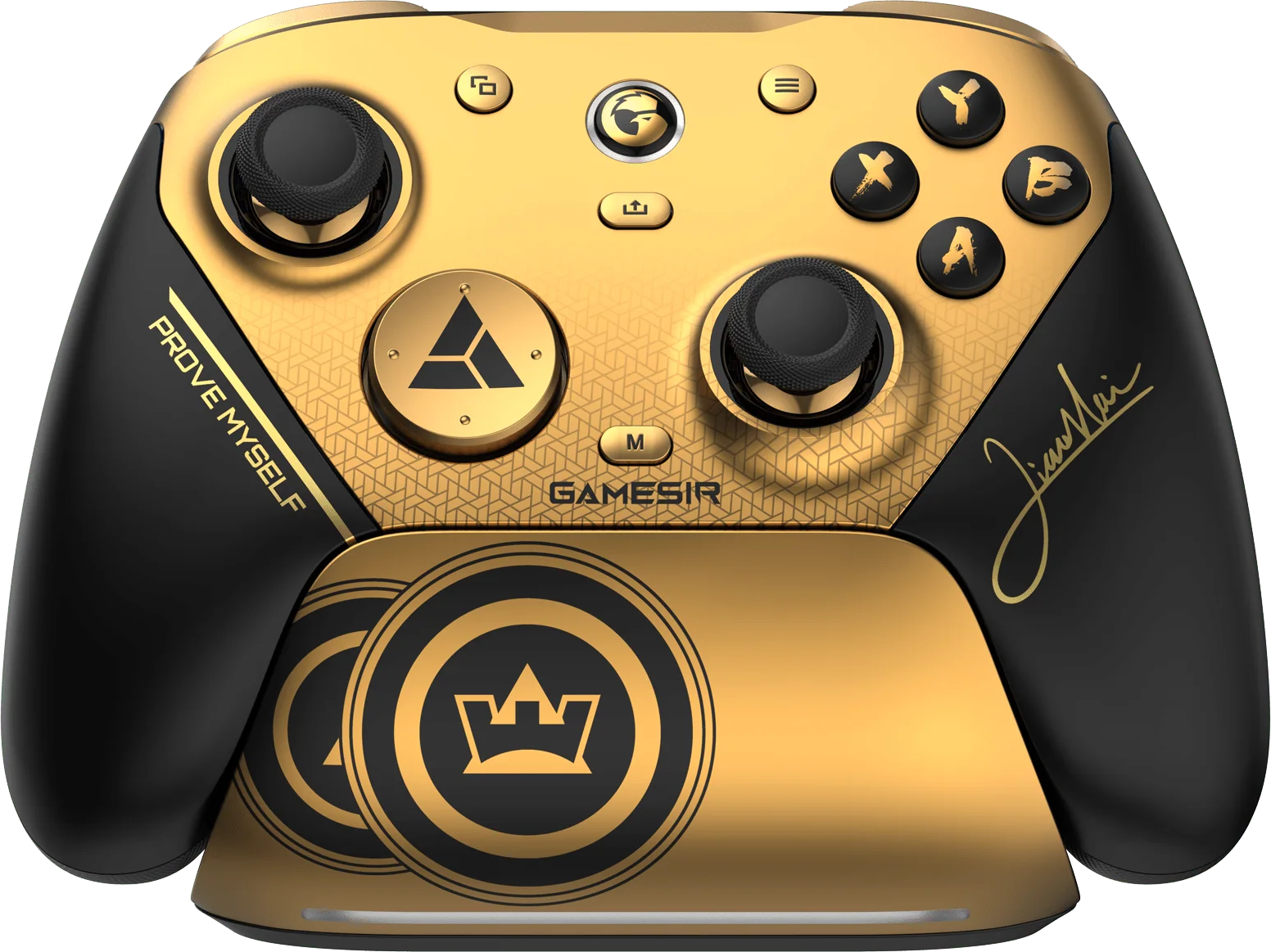 Goldener und schwarzer Controller mit "PROVE MYSELF"-Schriftzug und Signatur.
