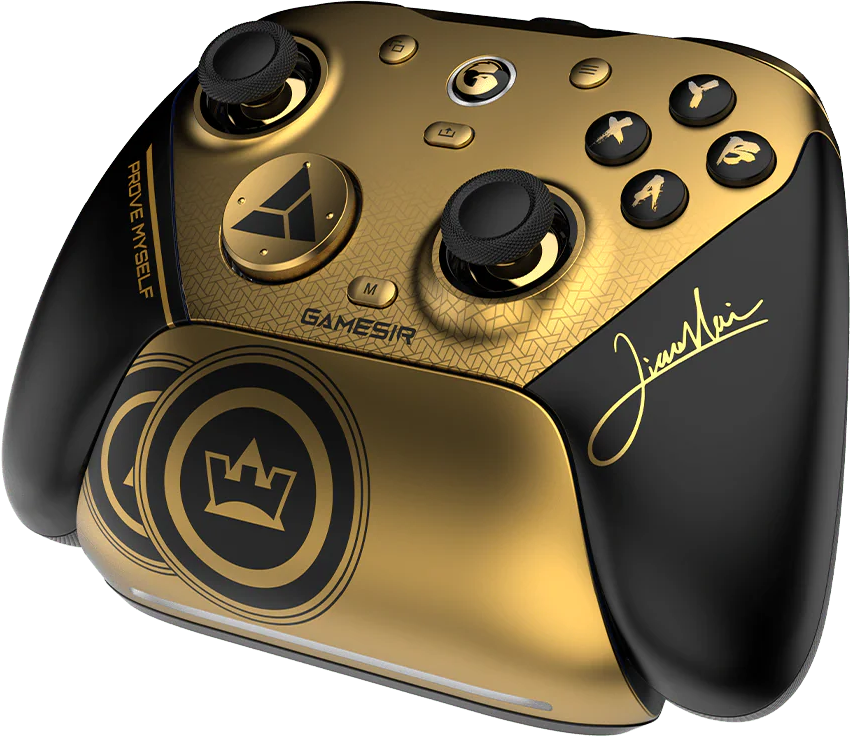 Ein goldener und schwarzer Gaming-Controller mit "PROVE MYSELF" und "Jian Mai" Aufschrift.