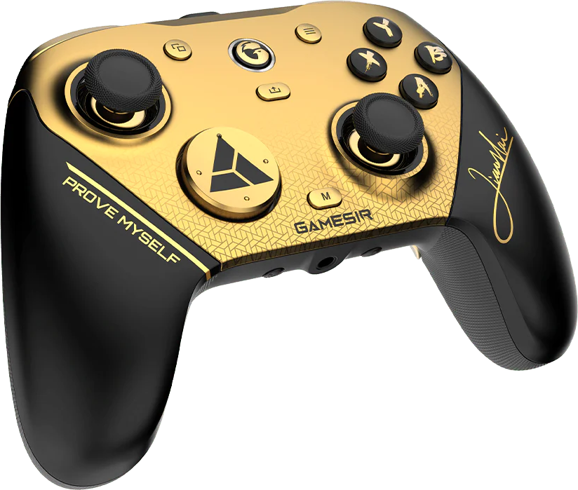 Schwarzer Controller mit goldenen Akzenten, "PROVE MYSELF" und "Jiao Mai" Schriftzug.