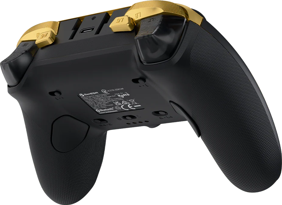 Schwarzer Gamecontroller mit goldenen Akzenten und texturierten Griffen.