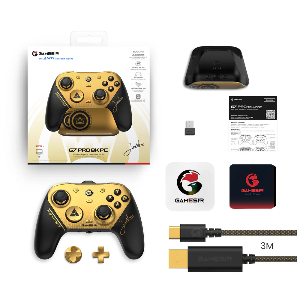 Goldener GameSir G7 Pro PC-Controller mit Zubehör, Kabel und Anleitung.