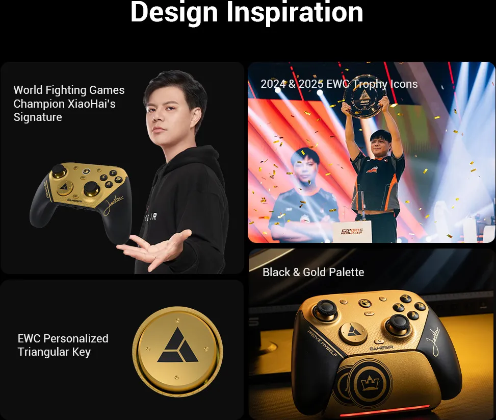 Schwarze und goldene Controller, Mann mit Trophäe, dreieckiger Schlüssel, Controller-Details.