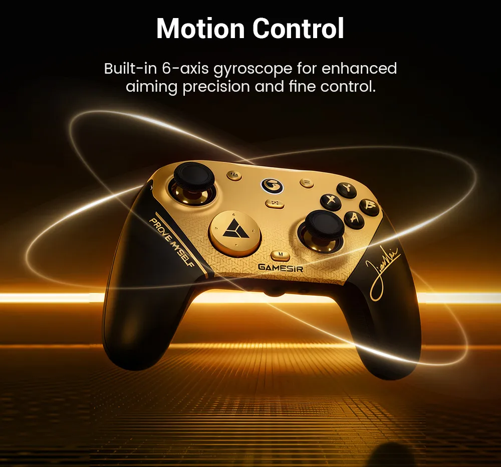 Goldener Controller mit schwarzen Griffen und Bewegungskontrollen, leuchtenden Linien.