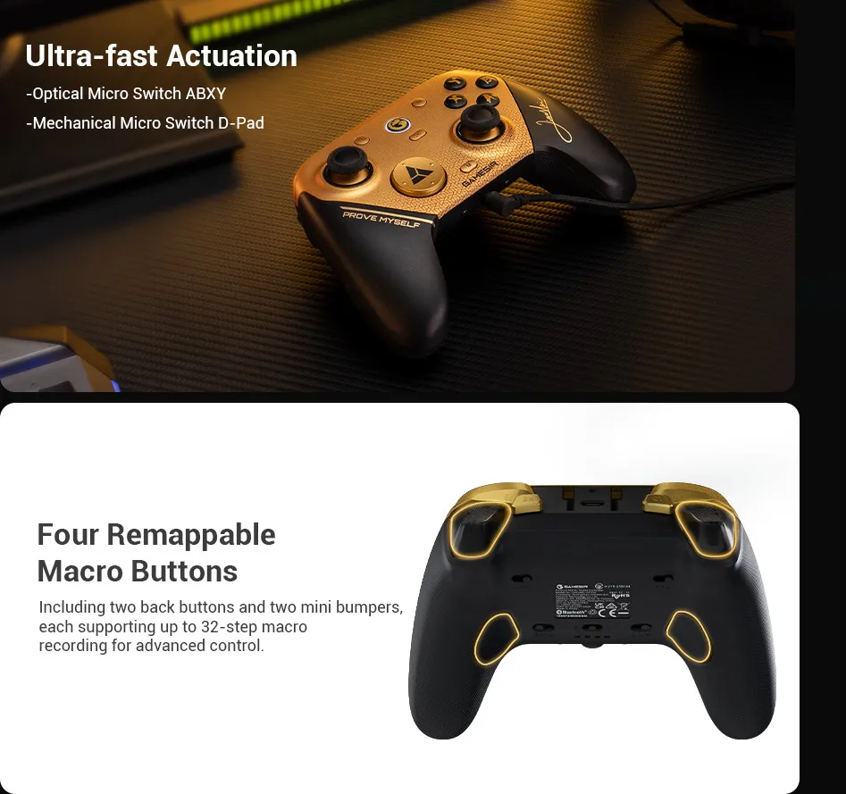 Schwarzer Controller mit goldener Oberseite und Beschriftung. Rückseite mit vier Tasten.