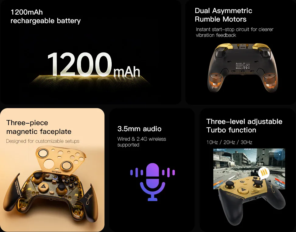 Ein schwarzer und goldener Controller mit Text über Akku, Motoren, Audio und Turbo-Funktion.