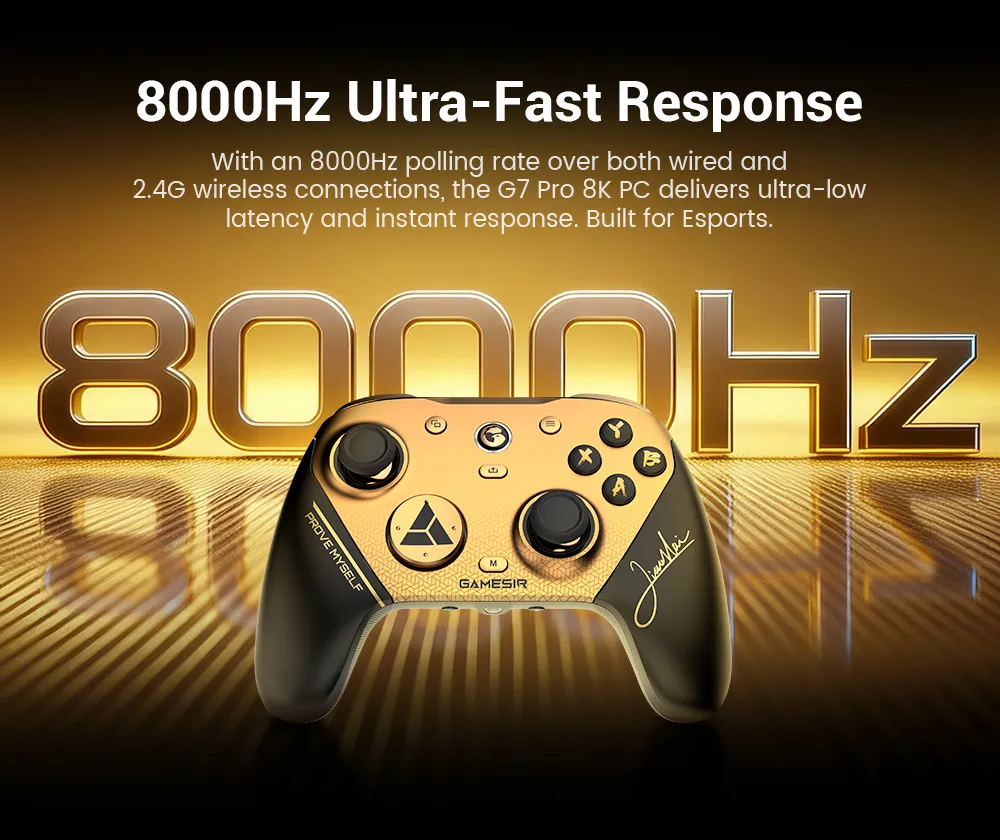 Goldener Gamecontroller mit 8000Hz-Schriftzug im Hintergrund.