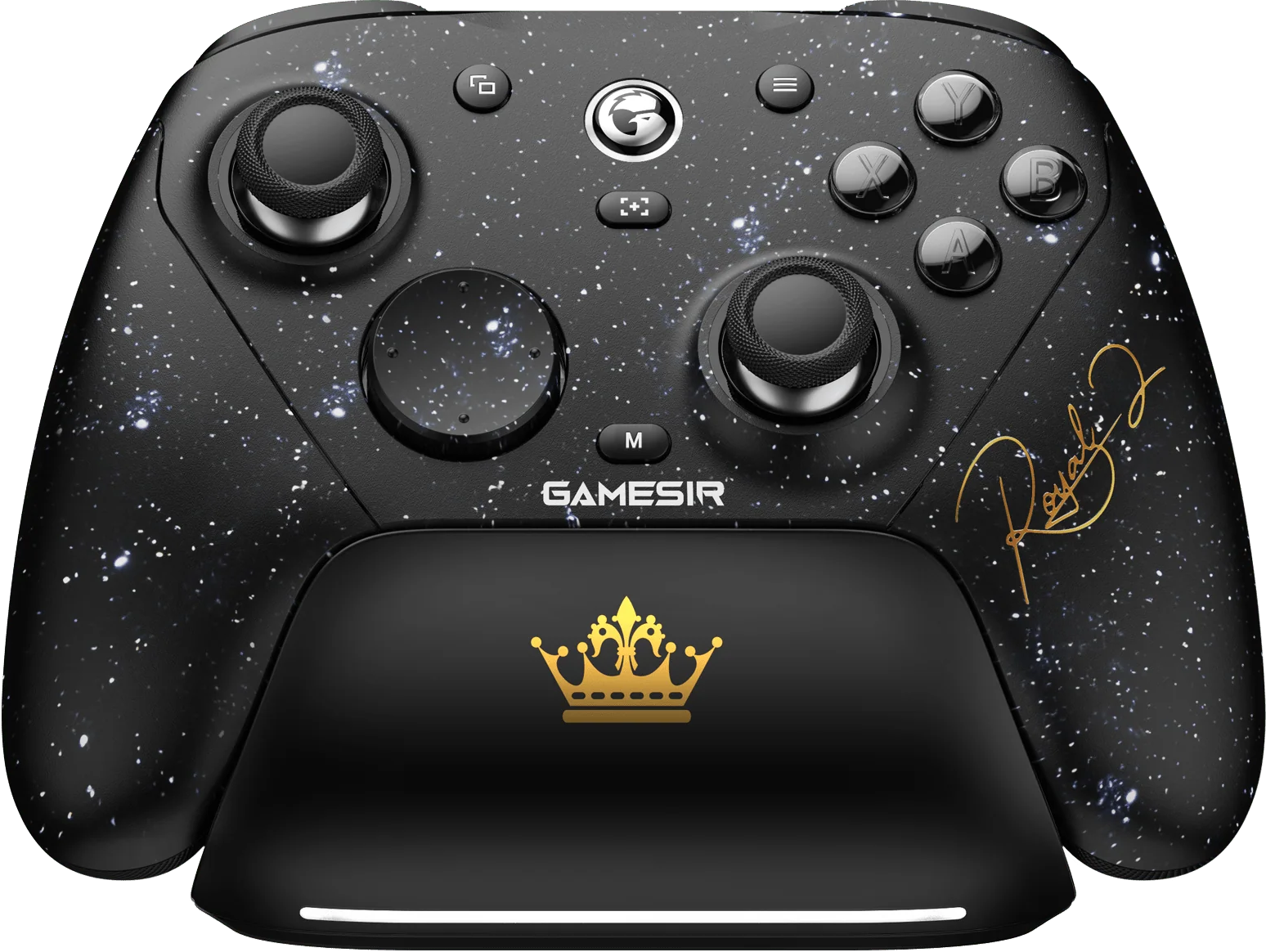 Schwarzer Gamecontroller mit Sternenmuster, Goldkrone und Unterschrift.