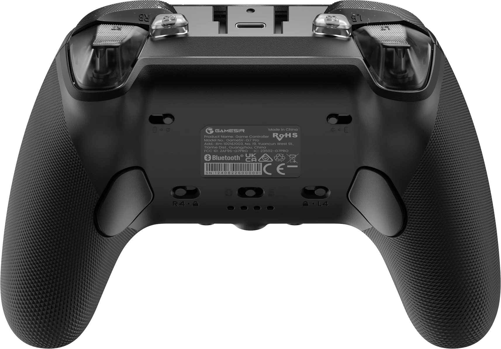 Rückansicht eines schwarzen Gamesir G7 Pro Gamecontrollers mit texturierten Griffen.
