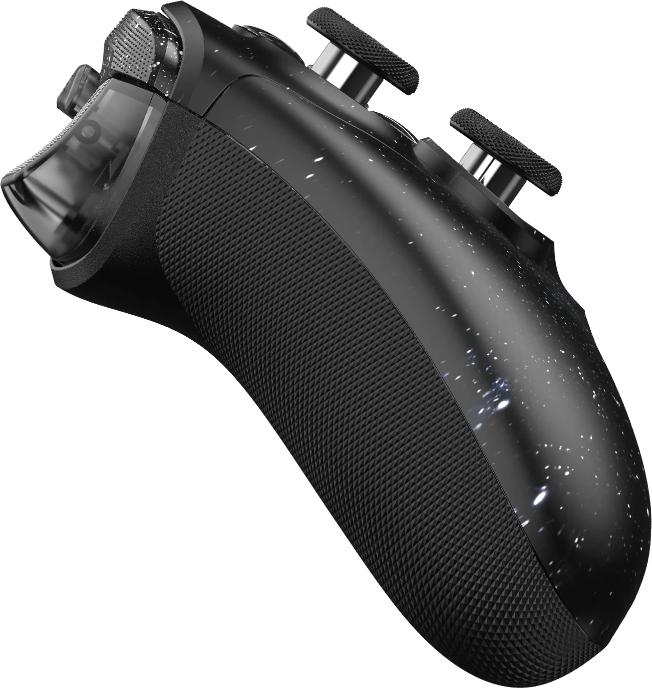 Schwarzer Controller mit Sternenmuster, schwarze Griffe, silberne Sticks.