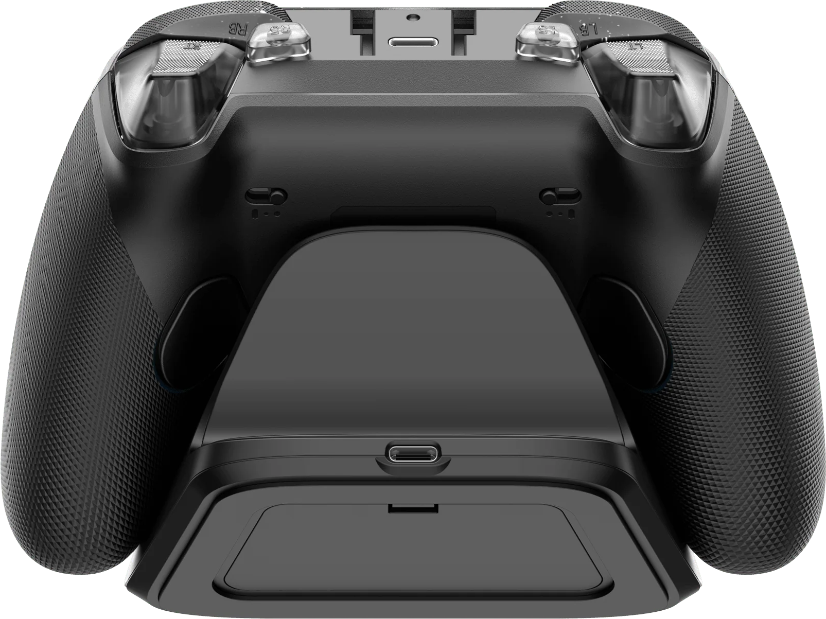 Schwarzer Gaming-Controller auf Ladestation, mit Grifftextur und sichtbaren Tasten.