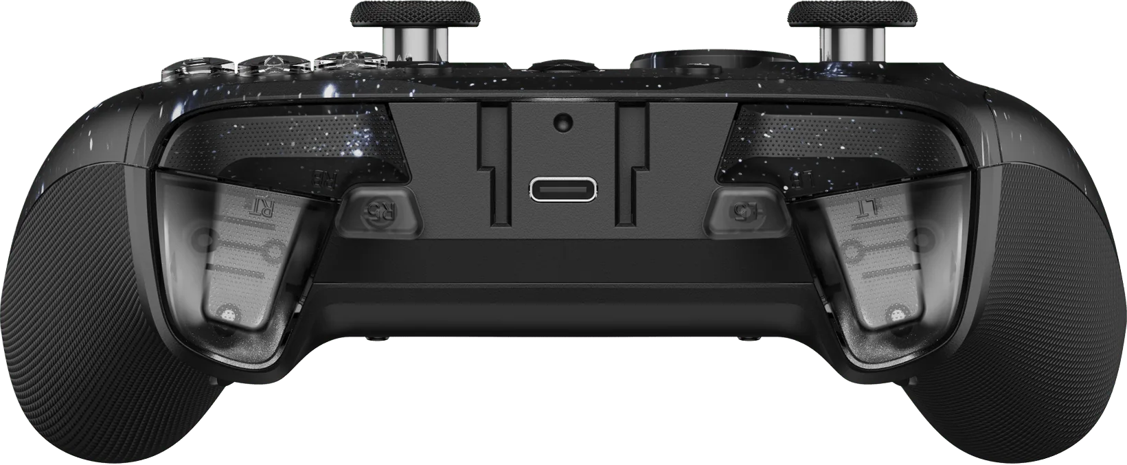Schwarzer Controller mit Sternenmuster, USB-C-Anschluss und Tasten.