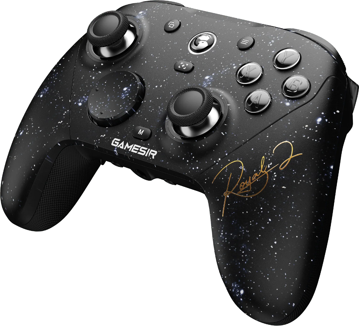 Schwarzer Controller mit Sternenmuster, Goldunterschrift und leuchtenden Tasten.