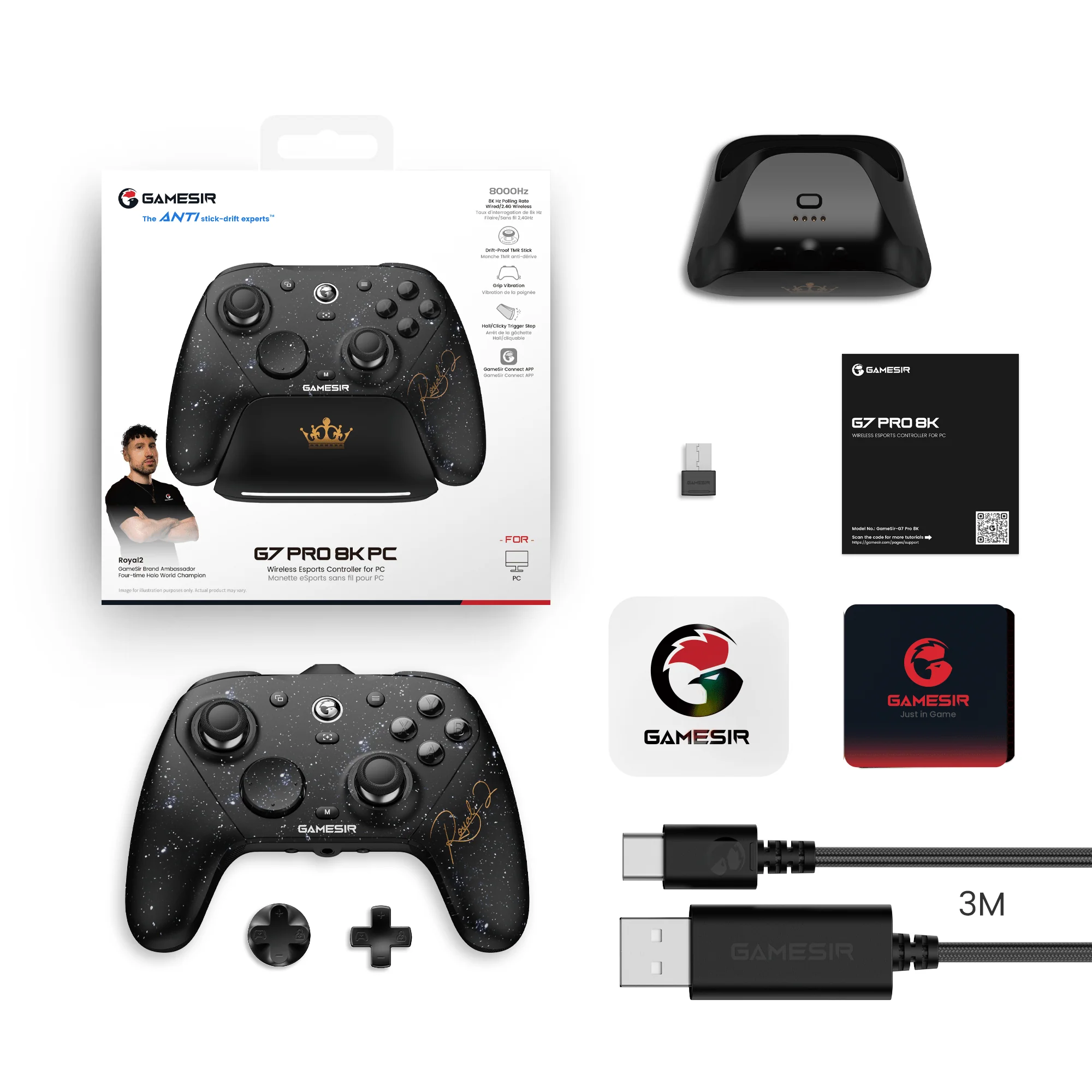 Ein GameSir G7 Pro 8K PC-Controller mit Sternenmuster, Zubehör und Verpackung.