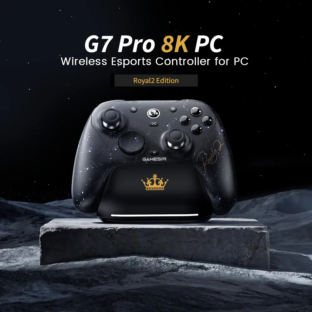Schwarzer Controller mit Sternenmuster auf einem Steinpodest, Weltraum-Hintergrund.