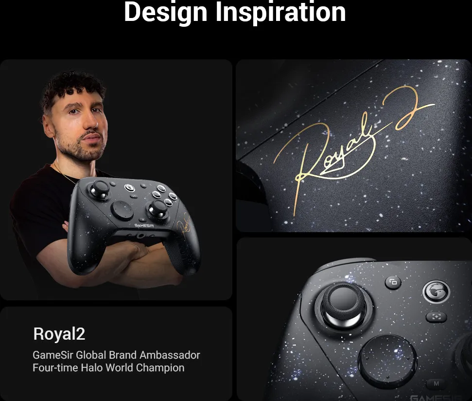Mann mit schwarzem Controller, „Royal 2“-Logo, Sternenmuster.