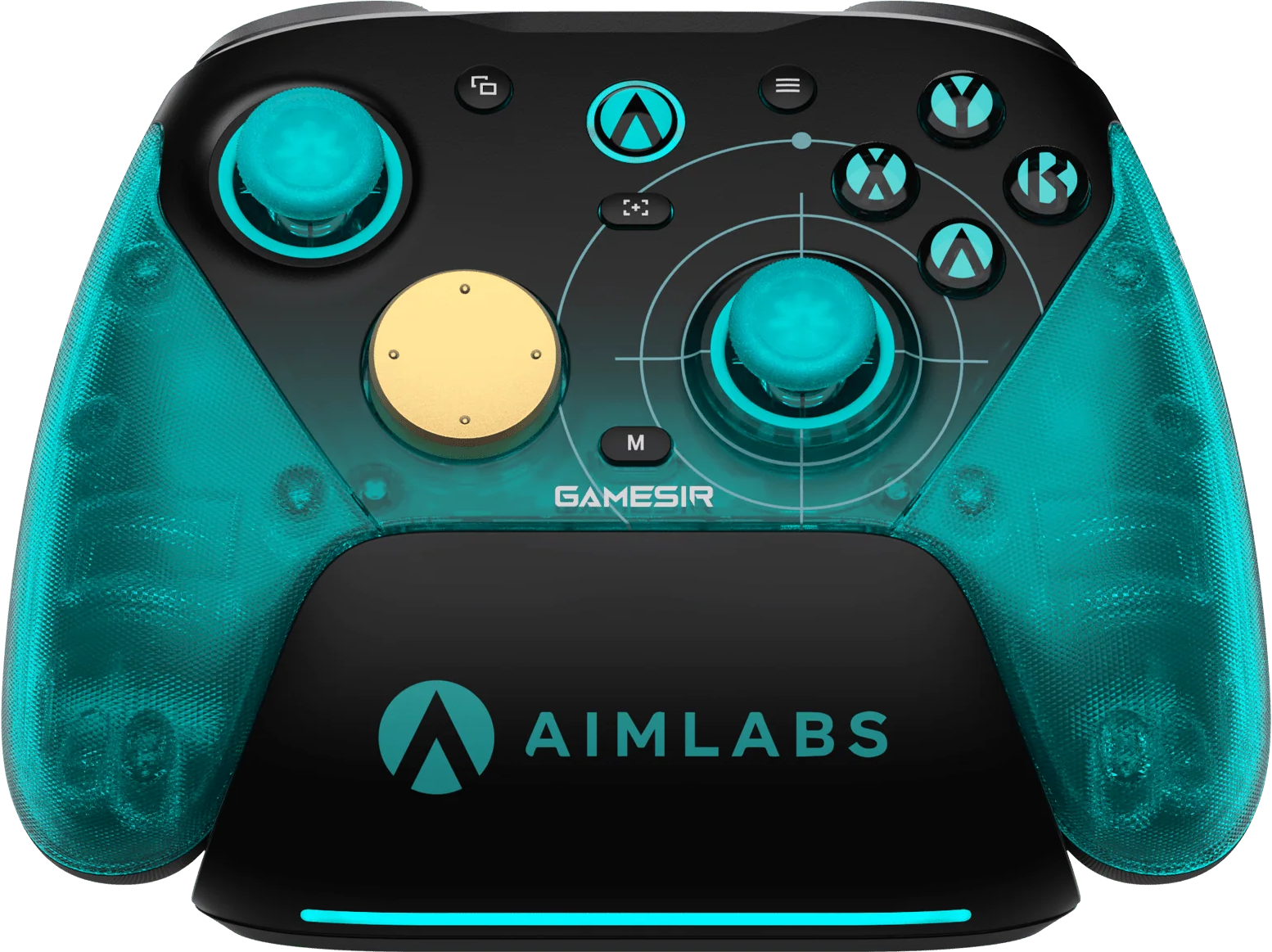 Schwarzer Controller mit durchsichtigen tealfarbenen Griffen, goldener Taste und tealfarbenen Joysticks.