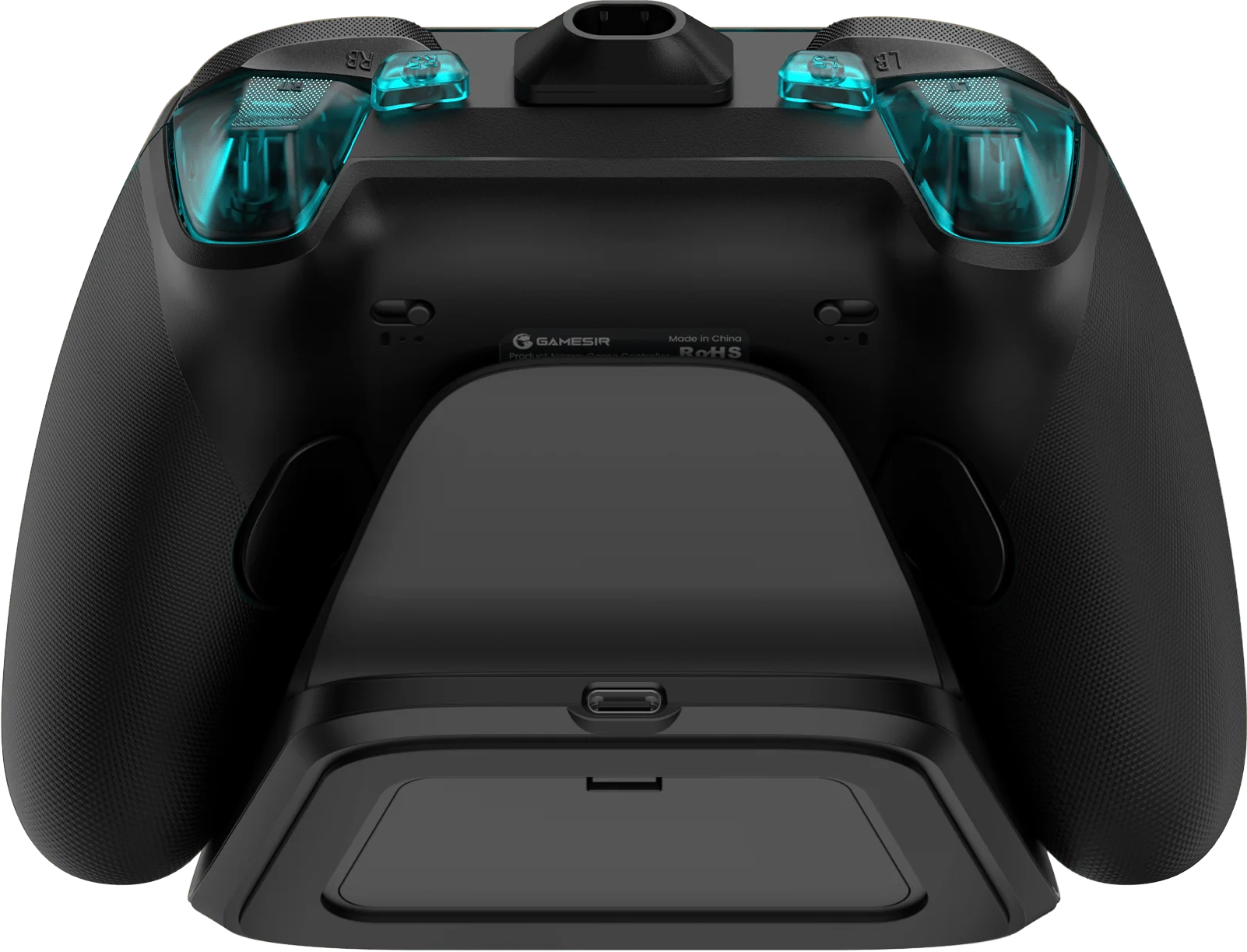 Schwarzer Gaming-Controller mit leuchtend blauen Akzenten und Ladebasis.