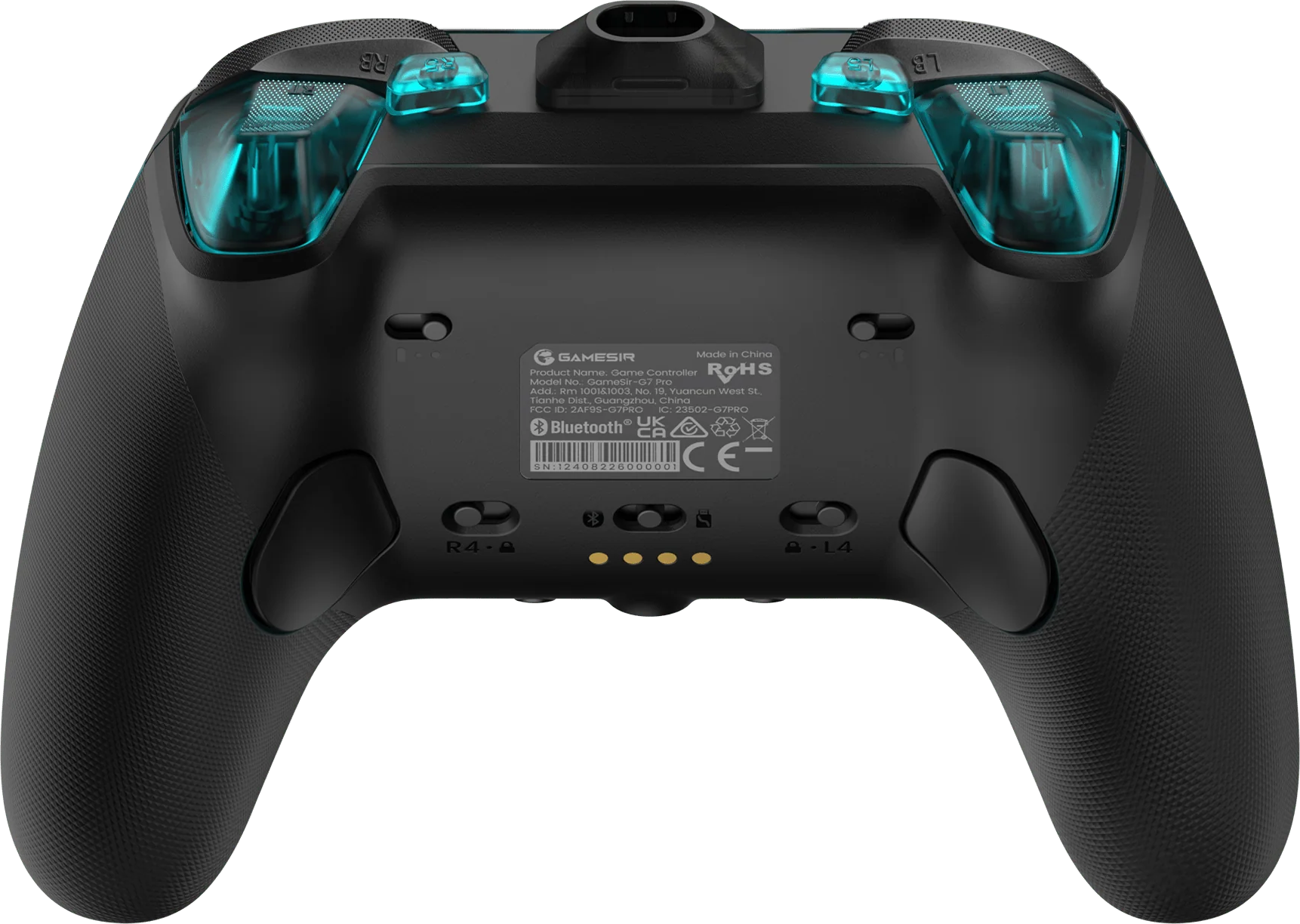 Rückseite eines schwarzen Controllers mit durchsichtigen blauen Tasten und Produktinformationen.